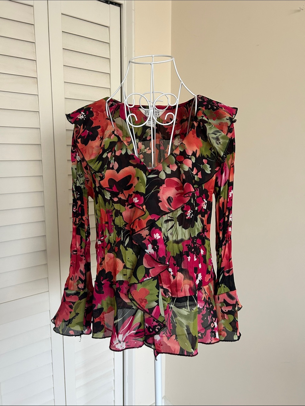 Size M | Allison Taylor | Black Floral Ruffle V-Neck Blouse with Pink & Green - Picture 7 of 11